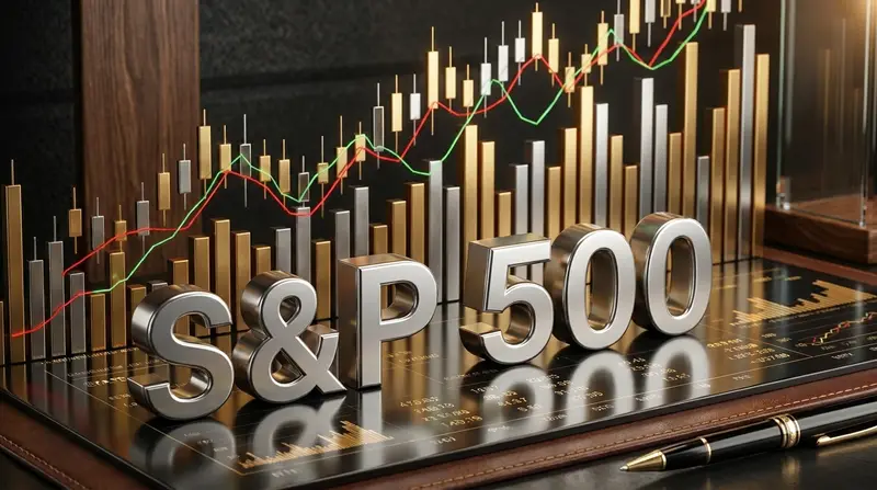 Las letras 'S&P 500' en relieve metálico sobre un escritorio, con un gráfico de velas bursátiles de fondo.