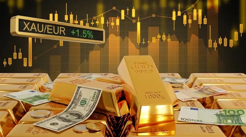 Lingotes de oro apilados junto a billetes de $ y €, con un indicador XAU/EUR y un gráfico de velas de fondo.