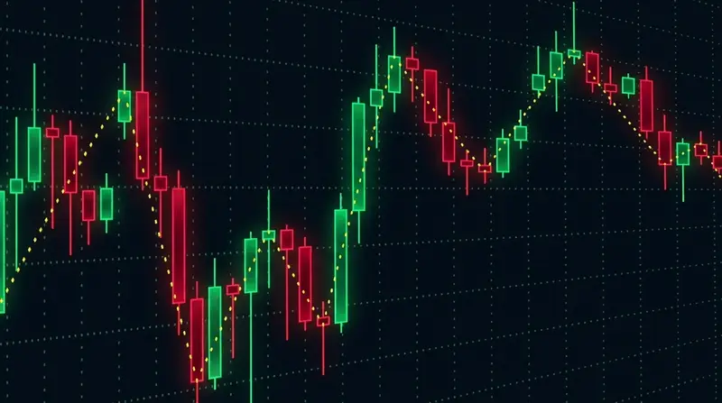 Gráfico de velas japonesas verdes y rojas sobre fondo oscuro, con una línea de tendencia punteada uniendo los cierres.