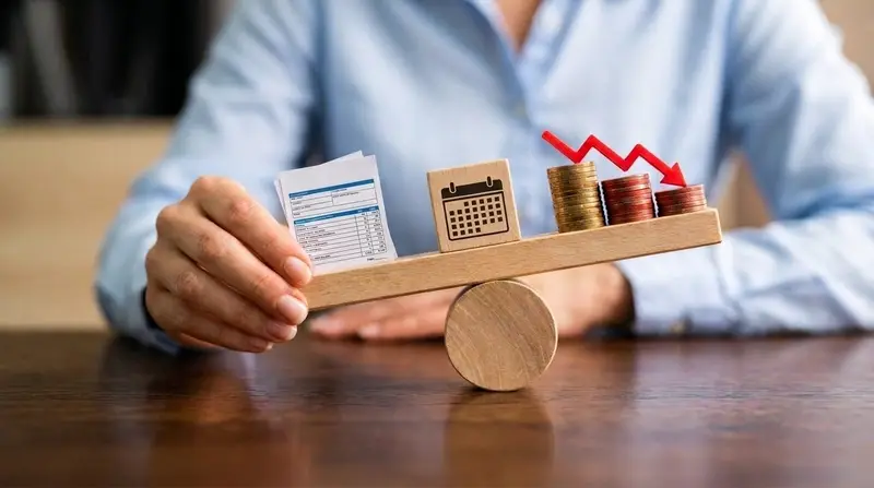 Una mano sujeta una balanza de madera con una declaración de impuestos y un cubo con un calendario en un lado, y monedas apiladas bajo una flecha roja descendente en el otro.