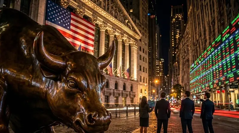 La escultura del toro de bronce en primer plano, frente a la fachada de la Bolsa de Nueva York con la bandera de EE. UU. y un panel de cotizaciones en verde y rojo, de noche.