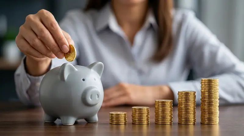 Una persona introduce una moneda en una hucha gris con forma de cerdito, junto a pilas de monedas de distinta altura.