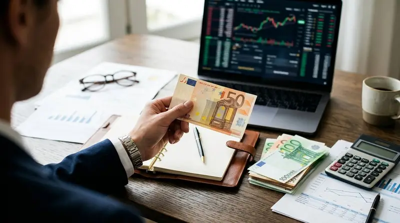 Una persona sostiene un billete de 50 € sobre una mesa con una agenda, billetes de 100 €, una calculadora y un portátil con gráficos de cotizaciones.