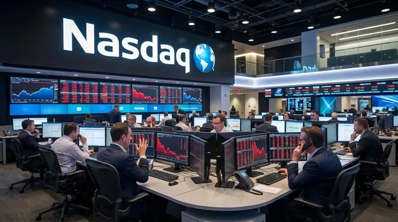 Sala de operaciones del Nasdaq con pantallas de cotizaciones en rojo y operadores al teléfono.