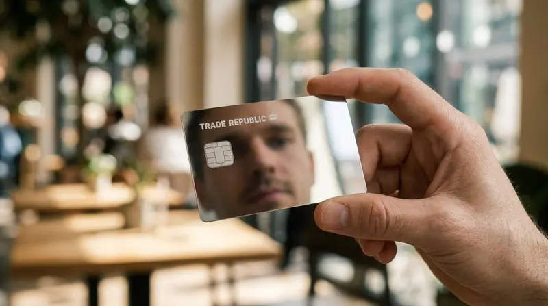 Una mano sostiene una tarjeta metálica de Trade Republic con acabado de espejo en la que se refleja la cara de un hombre, en una cafetería.