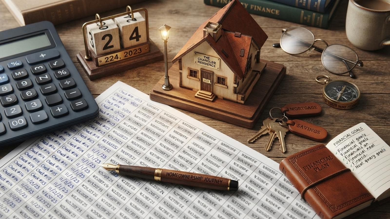 Mesa de madera con una casa de madera en miniatura, una calculadora, una hoja impresa con cifras, una pluma, un juego de llaves con etiquetas, una brújula, unas gafas y una libreta de plan financiero