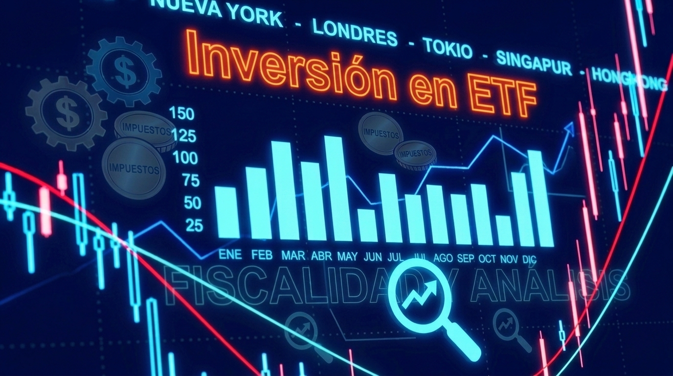 Infografía sobre inversión en ETF con un gráfico de barras mensual, monedas de impuestos y nombres de bolsas internacionales.