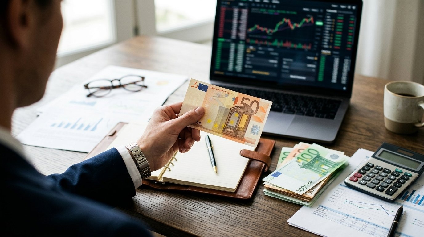 Una persona sostiene un billete de 50 € sobre una mesa con una agenda, billetes de 100 €, una calculadora y un portátil con gráficos de cotizaciones.