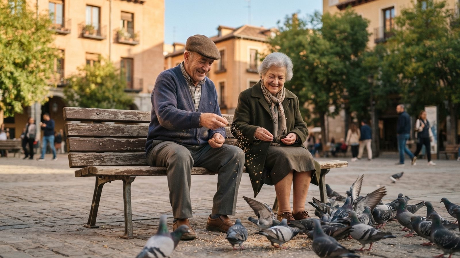 Una pareja de personas mayores sentada en un banco de una plaza española, sonriendo mientras da de comer a las palomas, con edificios de ladrillo y árboles al fondo