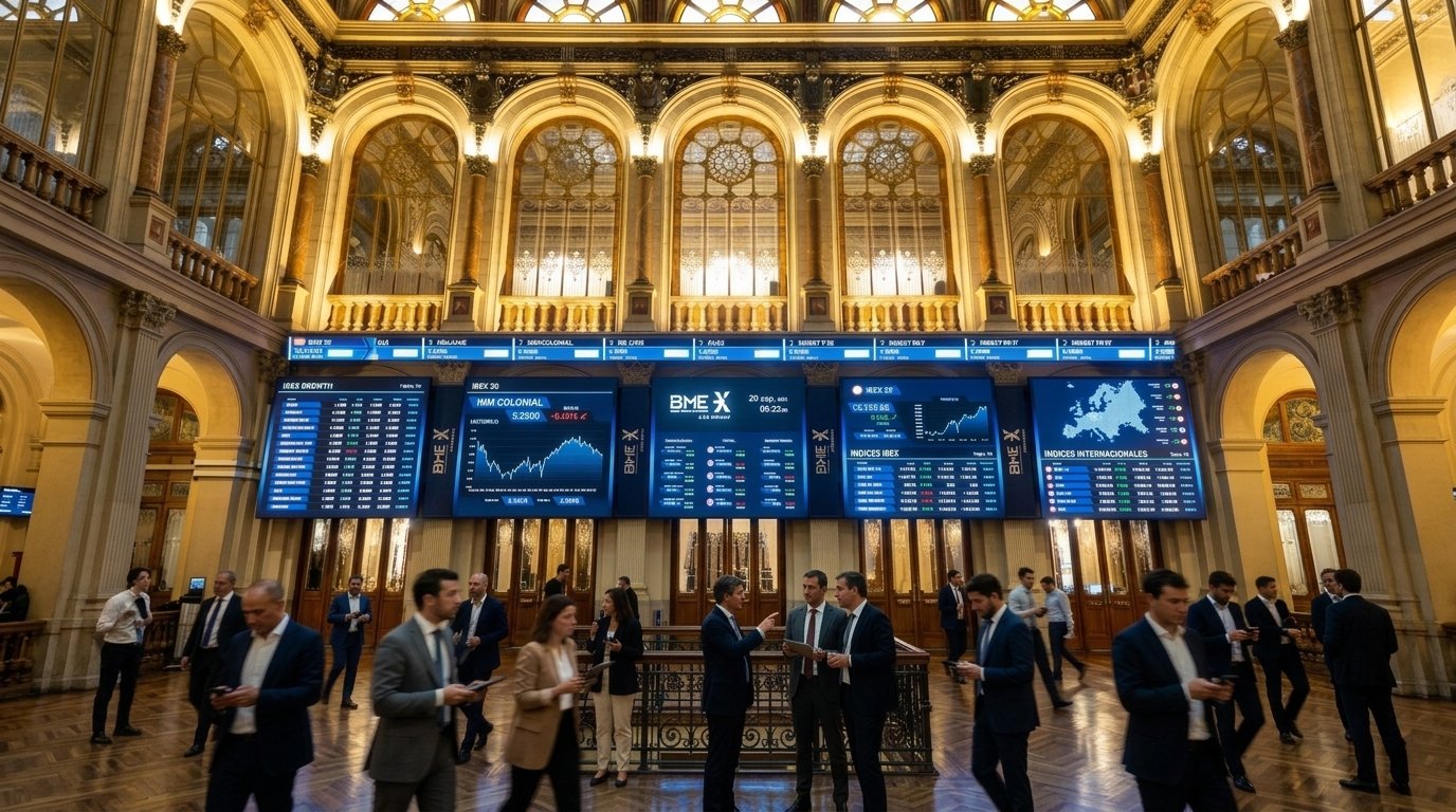 Interior del Palacio de la Bolsa de Madrid, con pantallas de cotizaciones bajo las vidrieras y operadores conversando en el parqué.