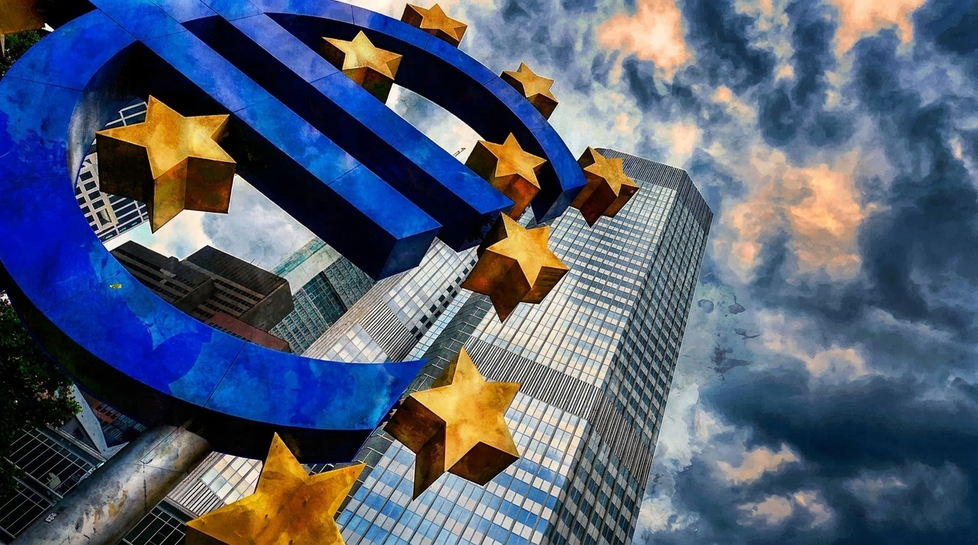 La escultura del símbolo del euro frente a la sede del Banco Central Europeo en Fráncfort, con un cielo nublado de fondo